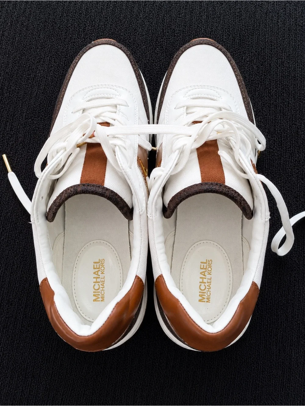 Michael Kors White, Brown & Gold MK Platform Sneakers